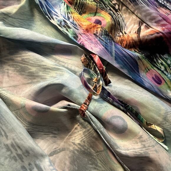 Oriental Village Silk Collection Rainbow Multi Kimono Robe Peacock Print Size OS - Picture 4 of 7